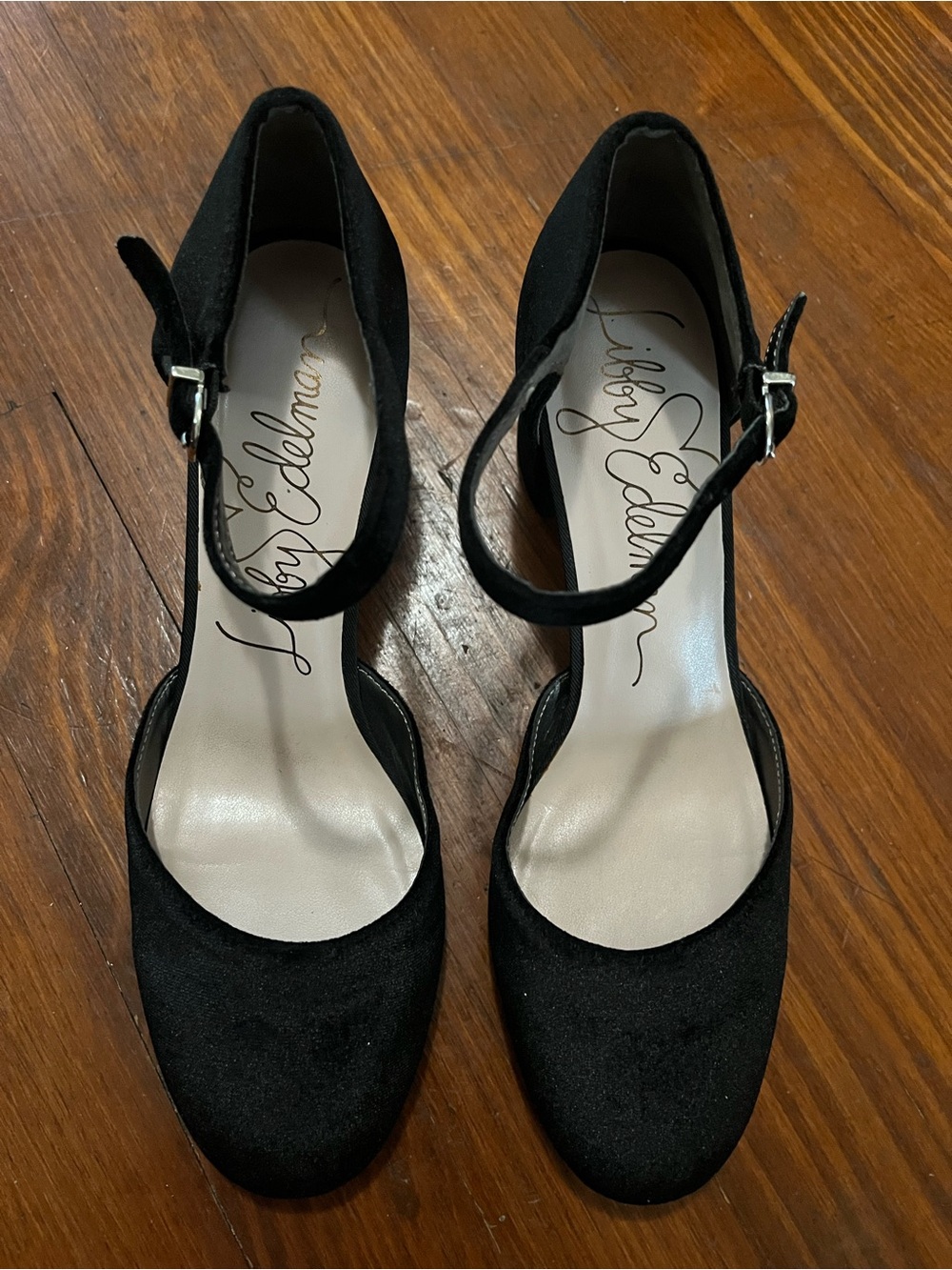 Libby Edelman Black Velour Ankle-Strap Rounded Toe Block Heels